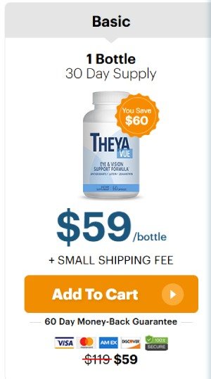 Single bottle of TheyaVue natural supplement supporting healthy, clear vision